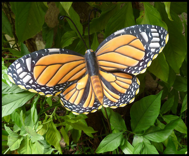 Monarch Butterfly - Metal Garden Art - Painted Metal Garden Plant Stake - 7" x 15"
